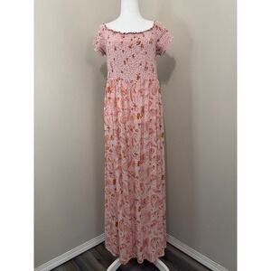 Size XXL - Pink Paisley Floral Smocked Off Shoulder Maxi Dress
